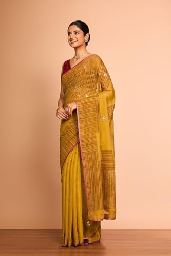 Taneira Women Yellow Pure Tissue Cotton Printed Embroidered Saree with Unstitched Blouse Piece (SAIP20AC2558-Yellow)
