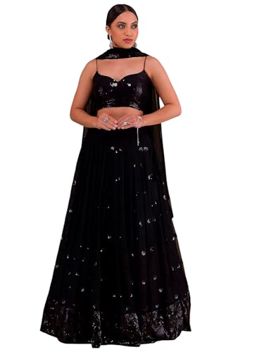 Zeel Clothing Womens Georgette Lehenga Choli Semi-Stitched Black Wedding Girlish Latest Free Size