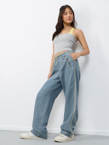 The Souled Store Winnie The Pooh: Bee Happy Women and Girls Drawstring Waist Light Blue Embroidered Cotton Straight Fit Lightweight Everyday Casual Denim Jeans