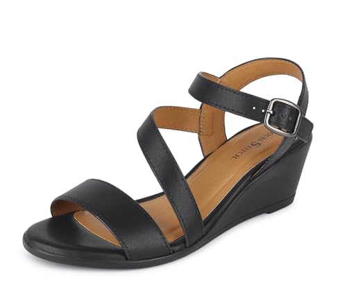 LOUIS STITCH Stylish Wedge Heel Sandals for Women – Black Color Striped Design, Fashionable & Comfortable Heels for Women & Girls – Latest Collection for Everyday Wear, (LSOF-LD01-WGJB107)