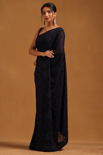 Soch Womens Navy Blue Georgette Botanical Saree With Stone Work