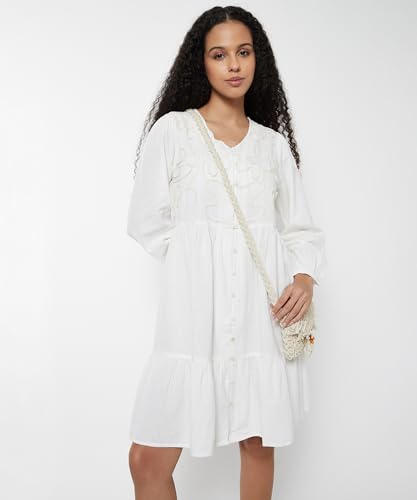Max Women Embroidered Tiered Dress(White_XL)