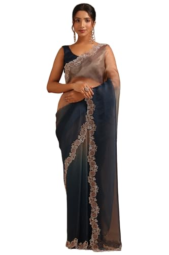 Soch Womens Blue Fendy Organza Ombre Saree With Stone Work