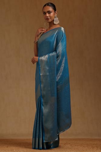 Soch Womens Turquoise Blue Georgette Floral Zari Woven Saree
