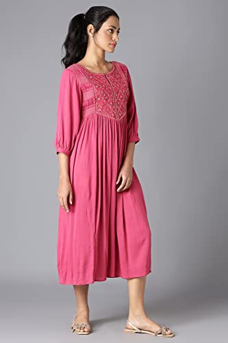 W for Woman Women's Viscose Dark Pink Flared Dress with Thread Embroidery Calf Length (22FEW17494-217011_Fuscia 2XL)