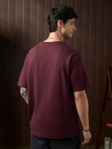 The Souled Store Desi Drop: Antah Asti Prarambha Men and Boys Short Sleeve Round Neck Burgundy Embroidered Casual Lightweight Drop Shoulder Streetwear Trendy Cotton Oversized T-Shirt
