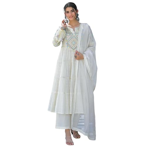 AVYUKTHA | Women Ethnic Motifs Embroidered Empire Kurta Set with Trors & Dupatta | Thread Work Fit Ethnic for Women | White Color | Size- XL