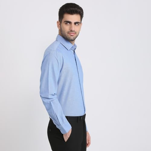 Raymond Men Slim Fit Oxford Pattern Pure Cotton Regular Collar Full Sleeve Casual Shirt Blue