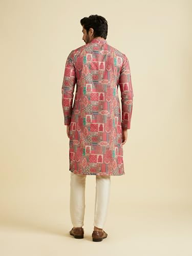 Manyavar Men's Cotton Blend Printed Kurta Pyjama Set (Coral,XXXL)