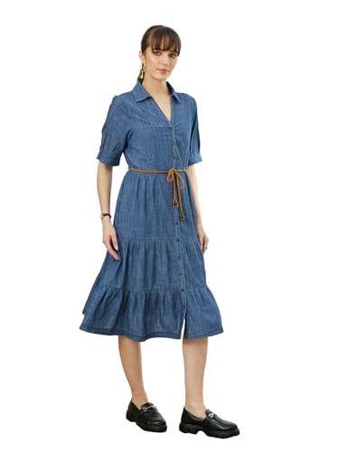 Latin Quarters Women's Blue Half Sleeves Collar Neck Casual Solid Dress_L