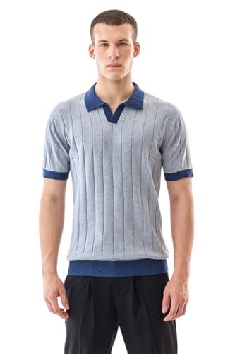 SNITCH Men's T-Shirt | Textured Knit Polo with Contrasting Collar & Cuffs | 100% Cotton Breathable Fabric Regular Fit Stylish Retro Half Sleeve for Casual Wear | Light Grey