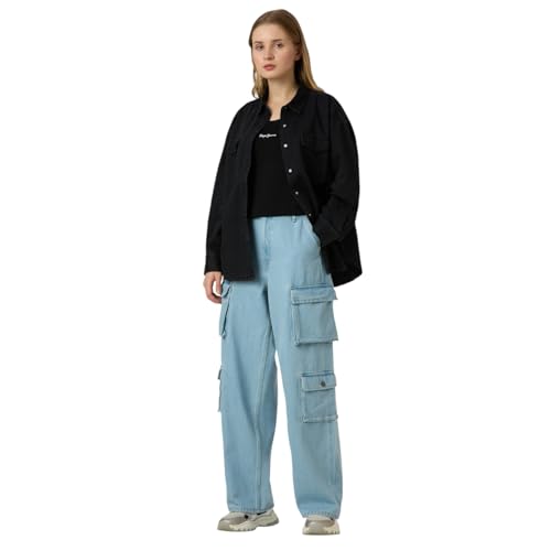 Women Blue High Waist Straight Fit Cargo Jeans