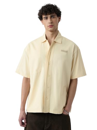 The Souled Store Panel Detail: Dune White Men and Boys Short Sleeves Collared Neck Button Front Off White Embroidered Cotton Oversized Shirts