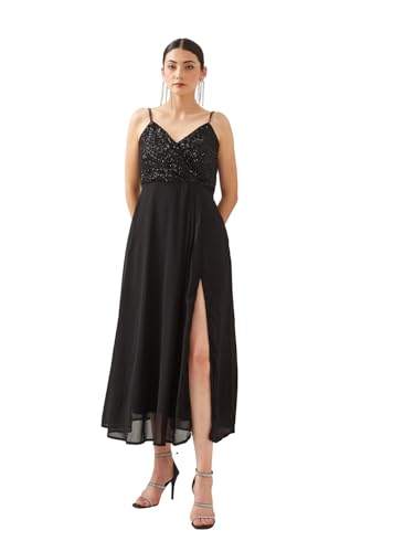Latin Quarters Women Black V- Neck Sleeveless A-Line Sequined Party Dress_L