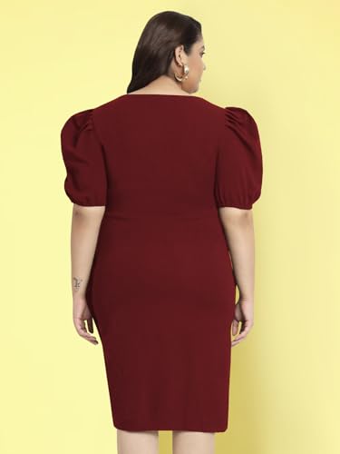 wild U Women Plus Size Bodycon Dress | Wrap | Stretchable | Puff Sleeve | Knee Length | Western Stylish (Maroon - 3XL)