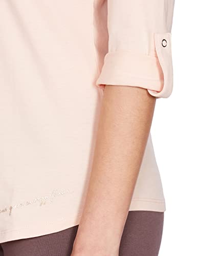 Enamor Essentials Women's Slim Fit Henley Neck 3/4th Sleeves Cotton Tee with Snap Button Placket Front & Sleeve Tab - E129(E129-Pink Pearl W/Energy-L)