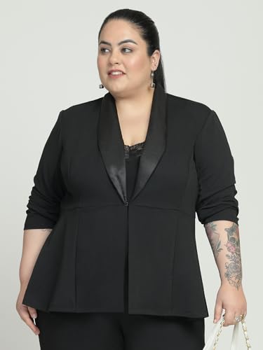 wild U Women Plus Size Blazer | Stretchable | Easy Wash | Satin Lapel | Formal Office Wear | Western (Black - 4XL)