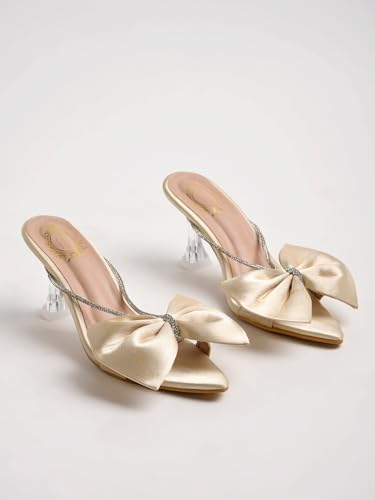 Shoetopia Women’s Satin Bow Golden Heeled Sandals, Rhinestone Strap Slingback, Peep Toe with Clear Flared Heel Comfortable EU35