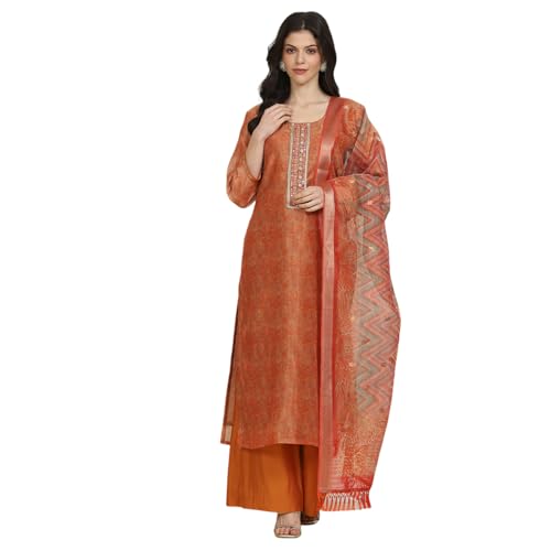 Biba Women's Orange Chanderi Unstitched Suit Set