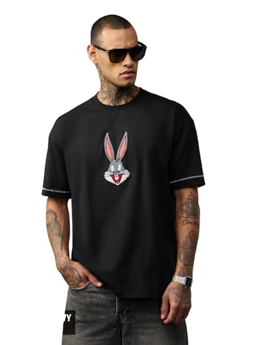 The Souled Store Looney Tunes: It's Bugs Men and Boys Short Sleeve Round Neck Black Embroidered Cartoon Casual Lightweight Drop Shoulder Streetwear Trendy Oversized T-Shirts