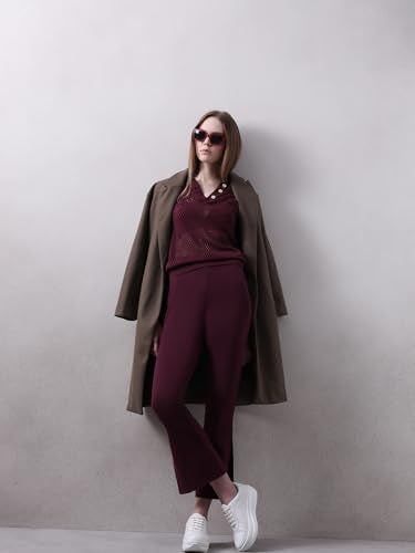 VERO MODA Women's Slim Fit High-Rise Maroon Pants