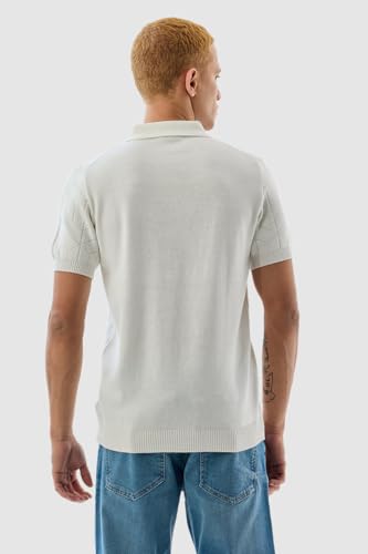 SNITCH Men T-Shirts | Textured Self-Design Polo Collar with Zipper Closure | 100% Cotton Slim Fit Breathable Fabric for Casual & College Wear | White