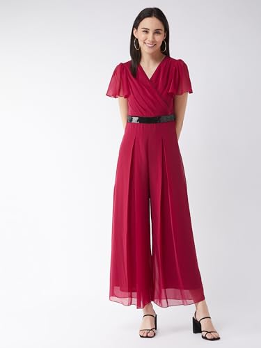 Miss Chase Women's Relaxed Fit Short Sleeve V-Neck Ankle-Length Straight Jumpsuit (MCSS25D91-84-122-05, Pink, L)