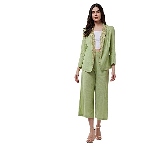Zima Leto Women'S Solid Pastel Blazer And Pant Set | Full Sleeves Shawl Collar Cotton Solid Clothing Set - (Green, M)