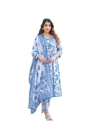 Divena Blue Floral Printed Anarkali Pure Cotton Kurta with Trousers & Dupatta