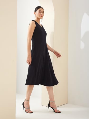 Latin Quarters Women Blue V- Neck Sleeveless A-Line Solid Party Dress_XL