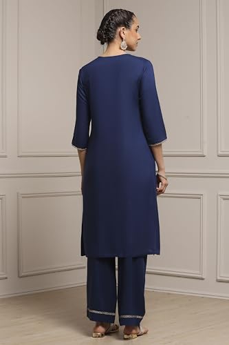 Biba Women Blue Viscose Rayon Straight Solid Suit Set_42