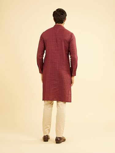 Manyavar Men's Linen Square Grid Printed Kurta (Wine,XXXL)