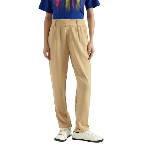 United Colors of Benetton Solid Crop Pull Up Folded Hem Trousers (Size: M)-25A3DI4DF00JGDI5 Beige