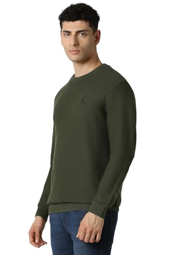 Men Olive Textured Crew Neck Sweater