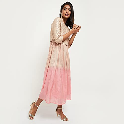 Max Women Printed Midi Dress with Sheen Top (IIFE21MX8_Peach_S)