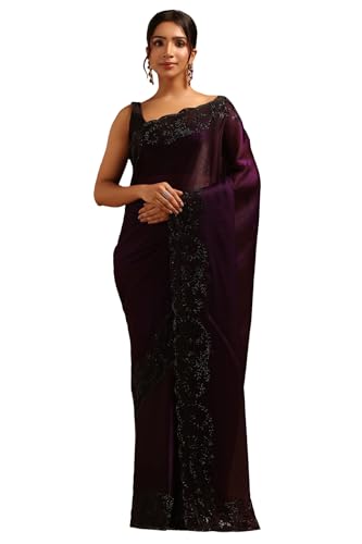Soch Womens Purple Fendy Organza Saree With Stone Work