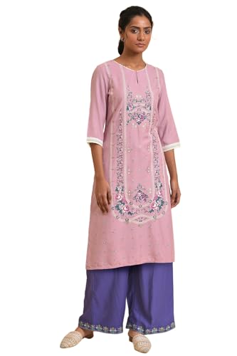 W for Woman Light Purple Floral Printed Lace Rayon Straight Kurta and Parallel Pant Set (ONWAS18662-120066-M)