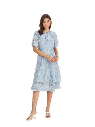 Latin Quarters Women's Blue Tie-Up Neck Half Sleeves Printed Casual Fit & Flare Dress_L