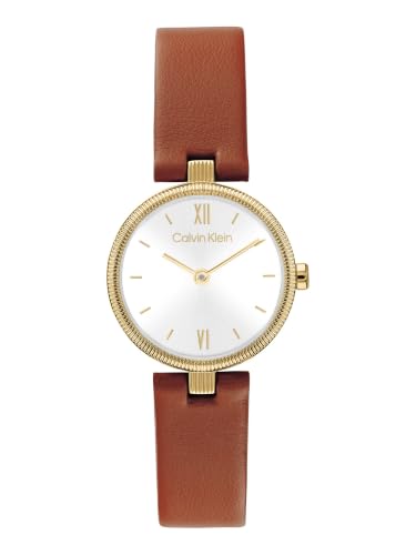 Calvin Klein Gleam Qtz Basic Slim Silver White Color Round Dial Women's Watch | Tan Leather Material | Strap Watch - 25100231