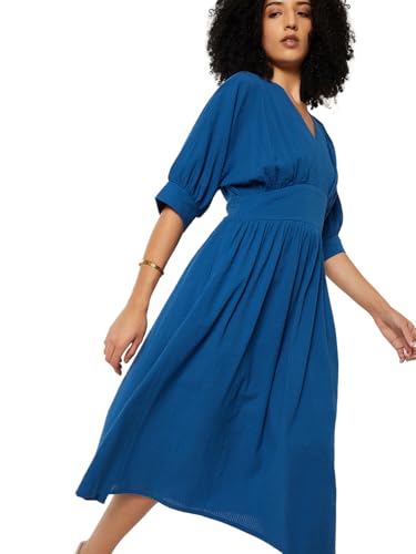 Max Women Textured A-line Midi Dress (Blue_L)