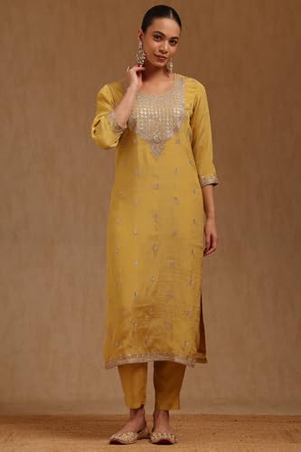Soch Womens Mustard Tissue Embroidered Suit Set With Zari