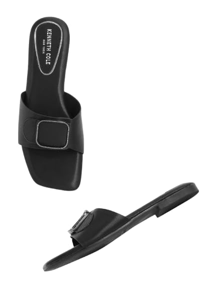 KENNETH COLE Women's Flat Slide Sandal | Synthetic | Square Toe, Rhinestone Buckle