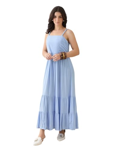 Latin Quarters Women Blue Solid Maxi Strappy Square Neck Casual Dress_M