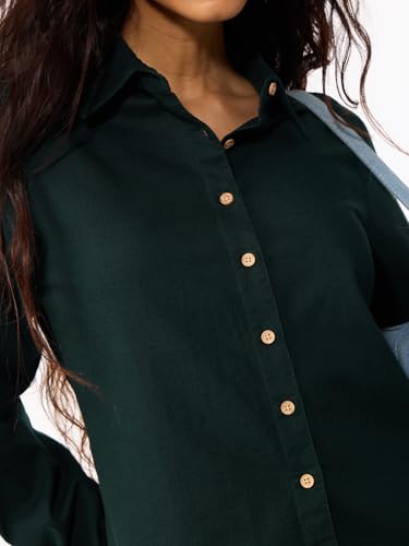 The Souled Store Myrtle Women and Girls Full Length Spread Collar Dark Green Solid Cotton Linen Regular Fit Breathable Lightweight All-Season Shirt for Casual