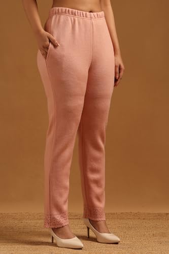 Soch Womens Peach Acrylic Floral Embroidered Winter Salwar Suit With Pearls