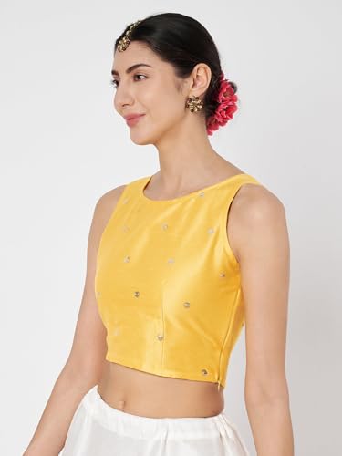 studio rasa Women Net Sequin Embroidered Readymade Blouse for Wedding Festive (TPWC425BL20XL_Yellow_X-Large)