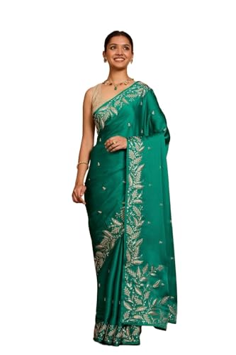 Taneira Women Green Viscose Satin Embroidered Saree With Unstitched Blouse Piece (SAPP07AC5305-Green)