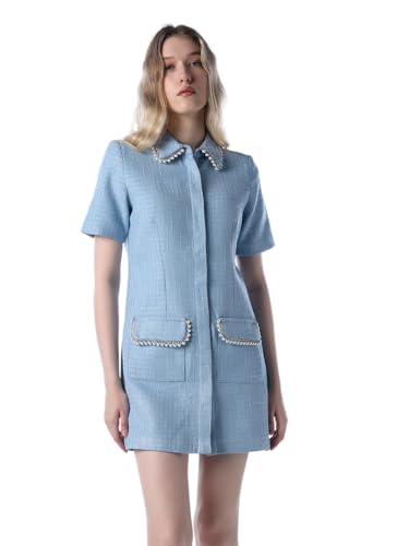 ONLY Women's Embellished Fit and Flare Light Blue Dress