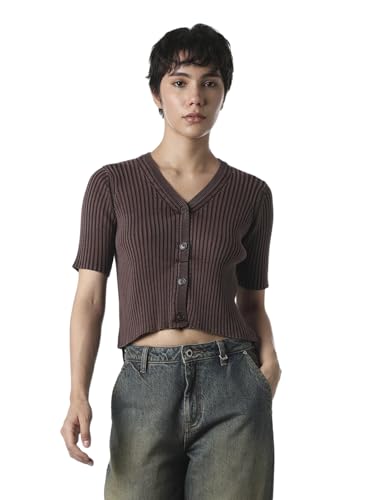 ONLY Women's Self Design Regular Fit Brown Top