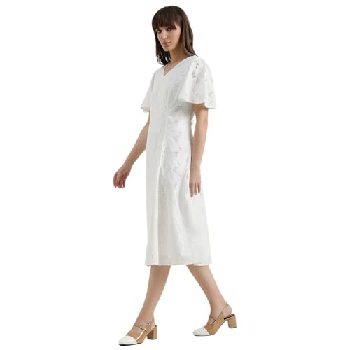 United Colors of Benetton Regular Fit V-Neck Schiffli Embroidered Dress (Size : M) - 26P4WVNDRS83I101 White